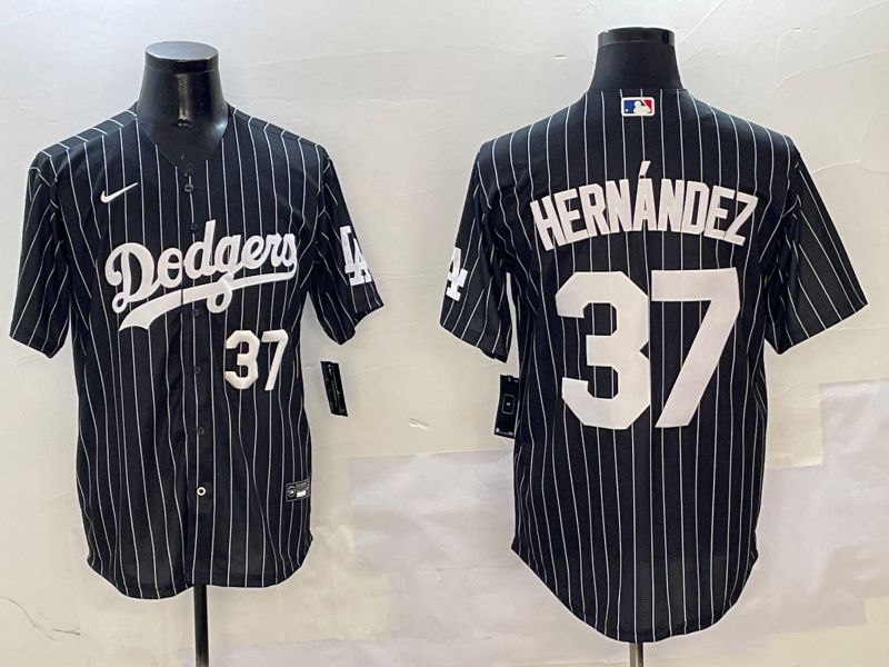 Men Los Angeles Dodgers 37 Hernandez Black Stripe Jointly Name 2025 Nike MLB Jersey style 9
